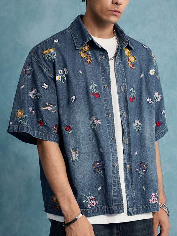 ROMWE MEN Street Life Men's Casual Washed Flower Embroidery Denim Jacket