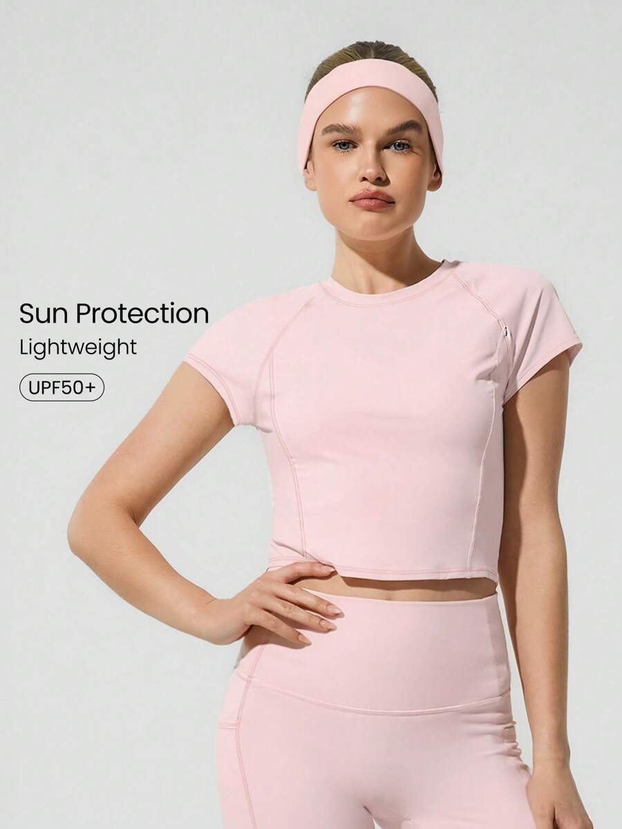 GLOWMODE 少即是多 轻盈防紫外线 透明贴身婴儿 T 恤 短款上衣 低冲击瑜伽普拉提 Barre Studio 日常休闲装 - 淺粉色 - 查看 1