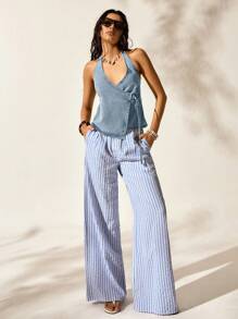 Easelle 女士休闲度假无袖蓝色牛仔系带露背上衣，夏季 - 藍色 - 查看 2