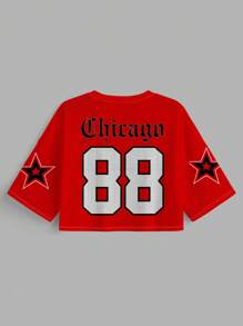 SHEIN EZwear Women Casual V Neck Loose Short 5/8 Sleeve Mesh T-Shirt, Suitable For Summer Sports, With Number 88 & Star Pattern Back To School Chic