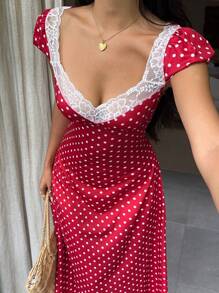 Sunnyshic Black & White Polka Dot Full Print Lace Patchwork Heart Shape Collar Bubble Sleeve Waist Cinched A-Line Midi Dress, Minimalist, Vacation Travel, Sweet, Elegant, Simple, Spring/Summer, Casual Women - Red - View 3