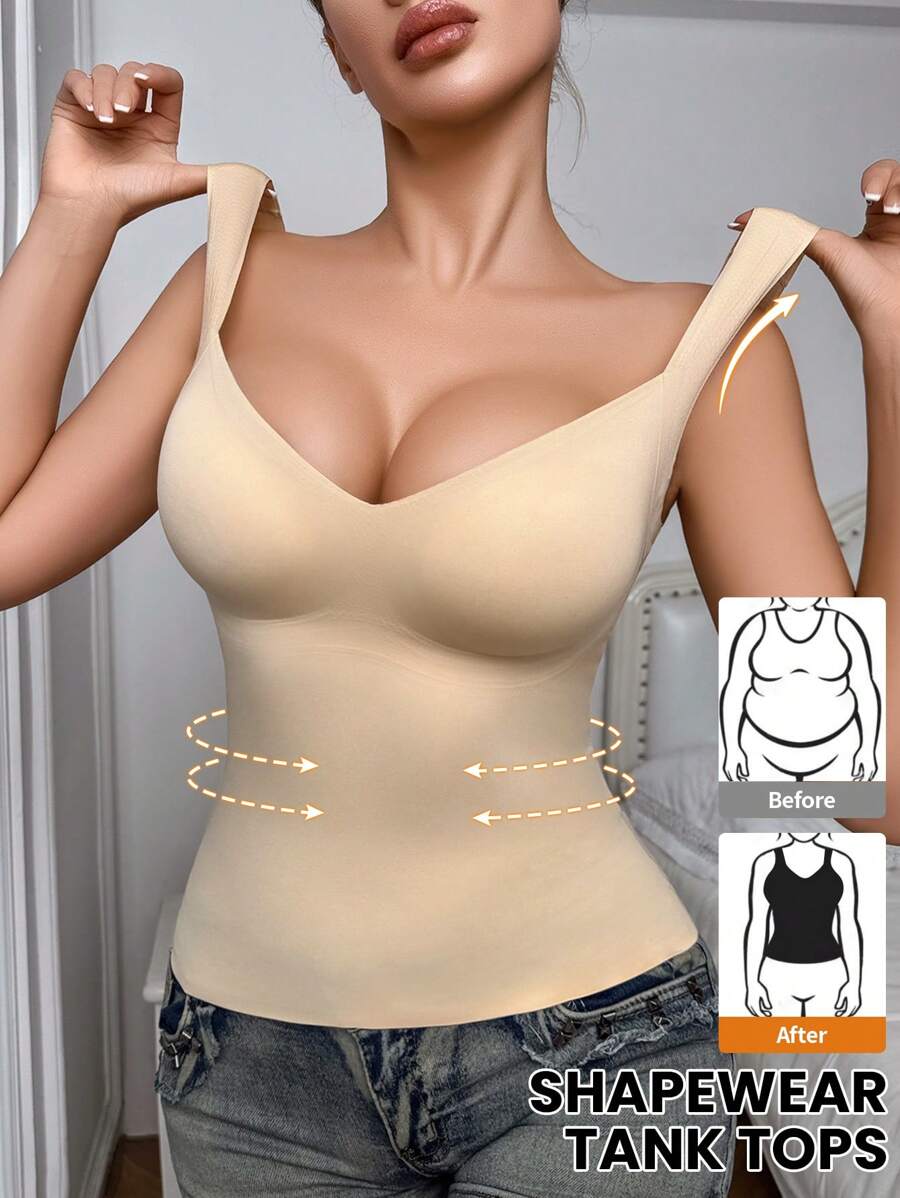SHEIN 1pc Women Seamless Shaping Camisole, Waist & Abdomen Slimming Top, Minimalist Wearable Bodyshaper - Apricot - View 1