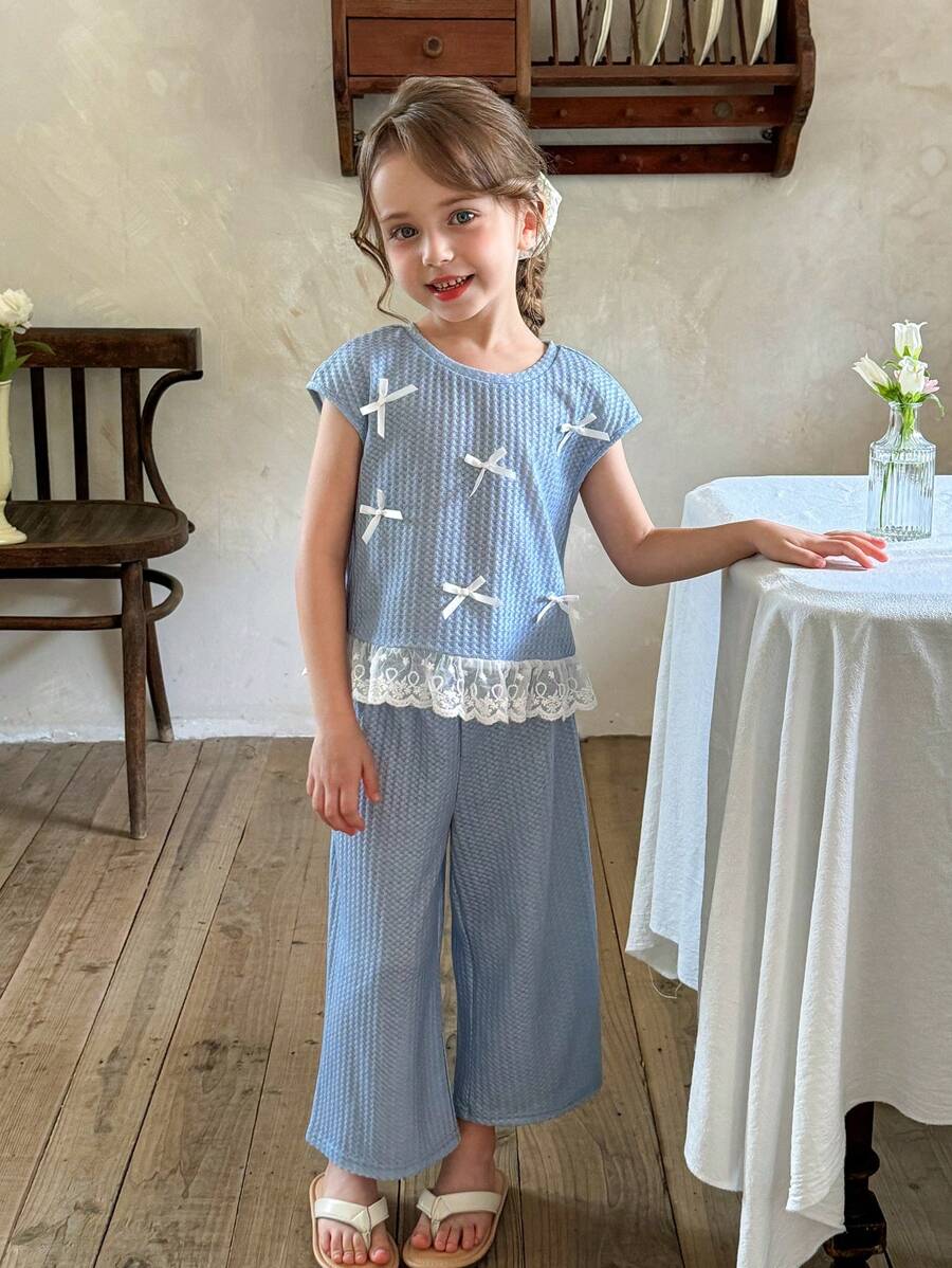 SHEIN LMoss Kids 2件套年轻女孩纯色蝴蝶结针织圆领T恤和宽松休闲长裤 - 灰色 - 查看 1