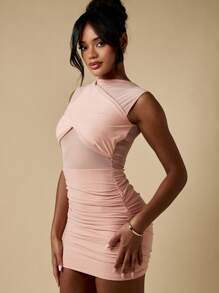 MISSGUIDED 网眼细节褶饰紧身迷你派对连衣裙交叉设计修身俱乐部装现代无袖魅力晚装时尚