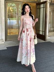 DAZY Floral Print Slip Dress For Women, A-Line, Maxi Length Boho Vacation Outfits Women - Pink - View 8