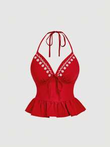 SHEIN MOD Women's Solid Color Embroidered Spaghetti Strap Camisole Top - Red - View 1