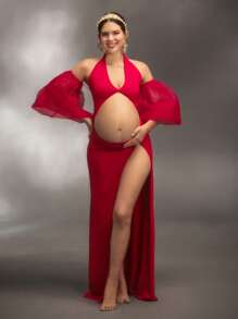 Cheriluna Maternity 孕妇性感纯色镂空露肩高开衩孕妇写真拍摄连衣裙，适合孕妇拍摄 - 紅色 - 查看 6