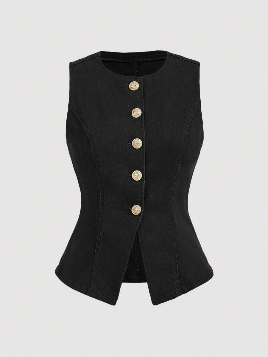 SHEIN MOD 女式夏季单排扣圆领无袖休闲牛仔衬衫 - 黑色 - 查看 1