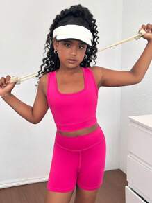 SHEIN Setelan Atasan Camisole Rajut Polos Berlubang di Bagian Belakang dan Celana Pendek Biker untuk Anak Perempuan Remaja, Cocok untuk Yoga, Hari Olahraga, dan Kembali ke Sekolah. - Hot Pink - View 5