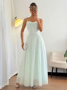 Chiquease Women's Elegant Sheer Chiffon Ruffle Tie Strap Dress, Suitable For Afternoon Tea Gatherings, Vacations, Parties, Daily Wear - Mint Green - View 7