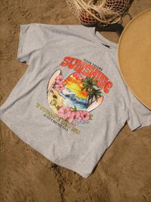 Travachic 大码女式休闲度假宽松热带彩色海洋与花朵图案圆领灰色短袖 T 恤 - 淺灰色 - 查看 7