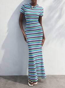 Maija 女式多色波浪条纹印花太阳裙，浪漫休闲夏装，别致几何提花针织短袖海滩/度假波西米亚风格 - 彩色 - 查看 1