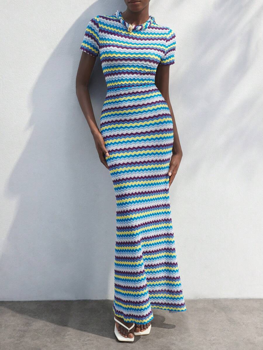 Maija 女式多色波浪条纹印花太阳裙，浪漫休闲夏装，别致几何提花针织短袖海滩/度假波西米亚风格 - 彩色 - 查看 1