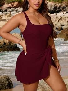 SHEIN Swim Curve Plus Size Solid Color Tie-Front Swimsuit Skirt, Beach Resort Style For Summer Beach Vacation
