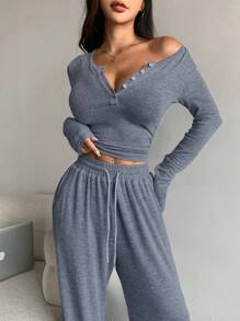 DAZY 2pcs Women Solid Color Button Half Placket Long Sleeve T-Shirt And Pants Casual Thermal Lined Set Fall, Winter Lounge Sets For Women - Navy Blue - View 5