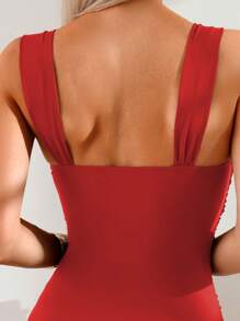 Swim Basics Women Solid Color Ruched Strap Simple One-Piece Swimsuit, Festival Boho For Summer Beach Vacation