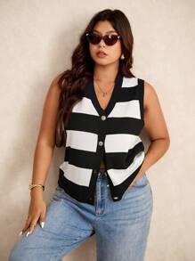 Elaquor 加大码无袖针织毛衣背心，夏季时尚，秋冬商务休闲女士 - 黑與白 - 查看 6