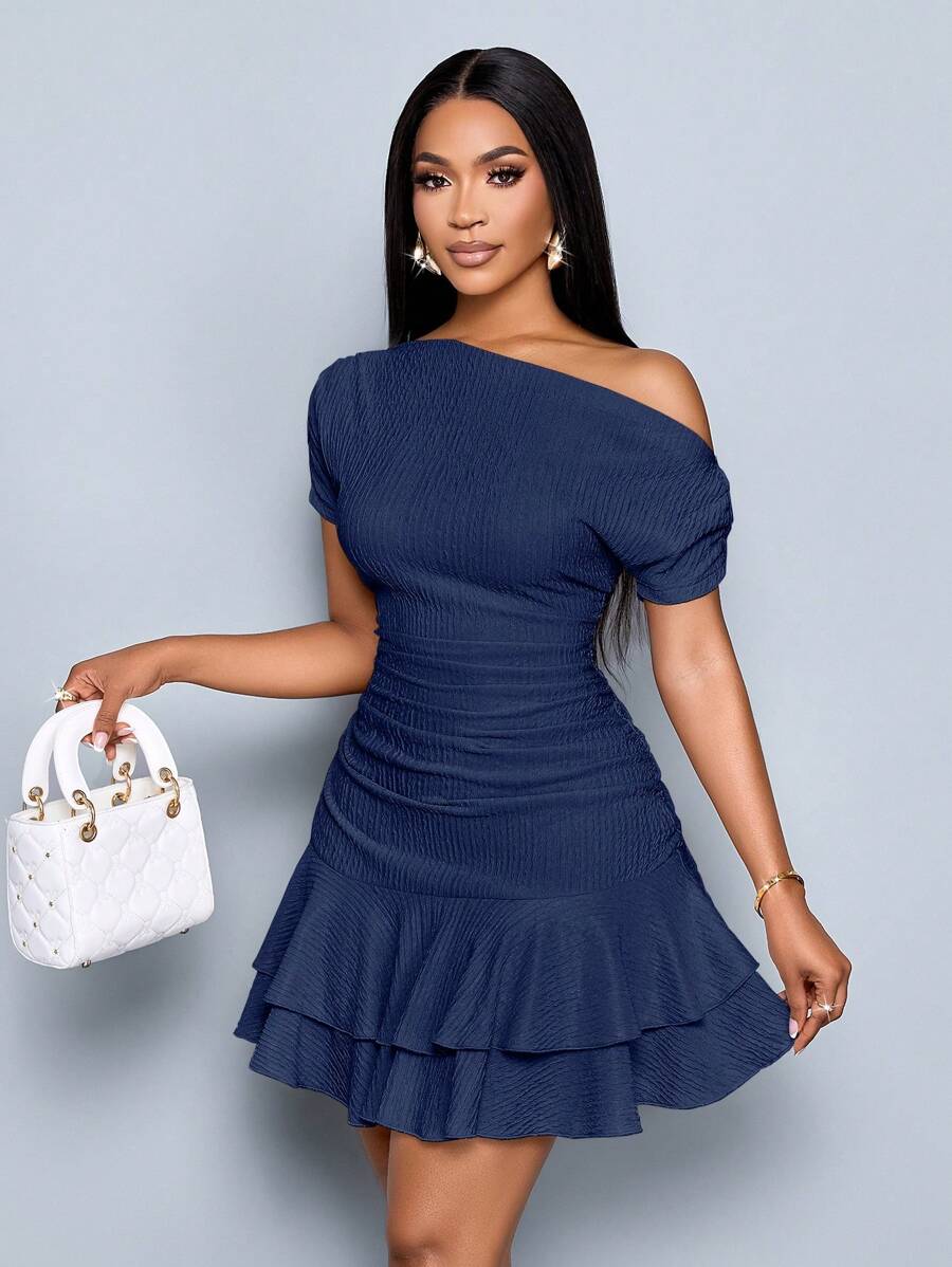 SOLERSUN Women's Elegant Party Daytime Apricot Knitted Asymmetrical Neck Neck Long Sleeves Gathered Double Ruffle Mini Dress - Navy Blue - View 1
