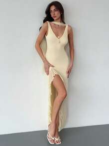 Aloruh 浪漫优雅的女士高开衩连衣裙，深 V 领设计，金属扣露背绑带，杏色