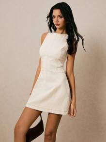 Poéselle Sleeveless Cream Denim Mini Dress – Fitted A-Line Jean Tank Dress For Women,Denim Mini Dress, Sleeveless Jean Dress, A-Line Denim Dress, Cream Denim Dress, Summer Mini Dress, Casual Denim Dress, White Denim Dress, Tank Dress Women, Old Money, Business Casual Woman