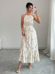 Vestido largo casual con estampado y elástico para mujeres - Multicolor 2 - Ver 3