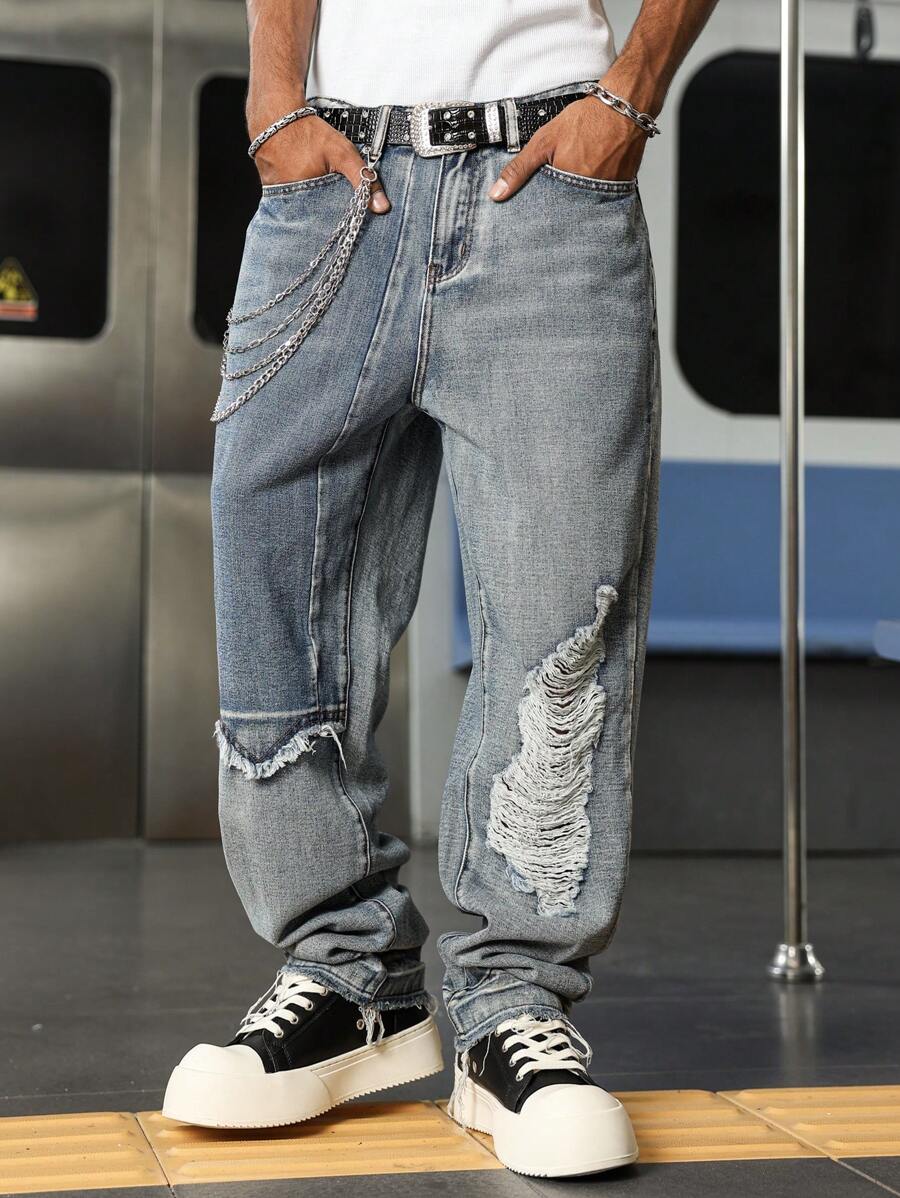 Manfinity EMRG بنطلون جينز رجالي بتصميم فضفاض وساق واسعة مشوهة وجيوب مناسب لارتداء كل الأوقات