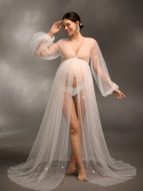 Cheriluna Maternity Pregnant Women Solid Color Sequin Mesh Lantern Sleeve Open Slit Hem Maternity Photoshoot Dress
