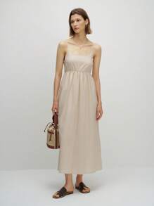 INAWLY Women's Solid Color Minimalist Linen-Look Long Dress, Brown - Brown - View 3