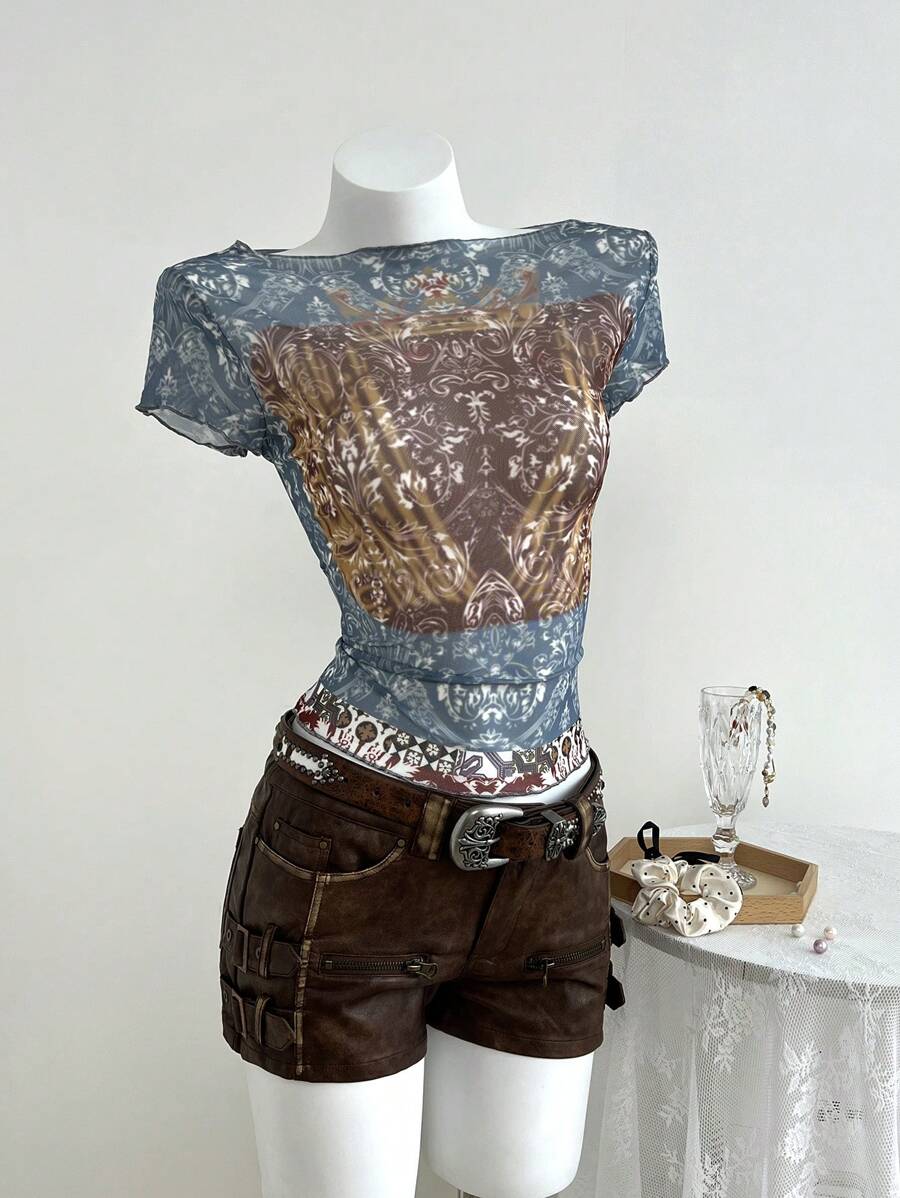 Elamini Women's Minimalist Sheer Mesh Y2K Vintage Style Graphic Print Off Shoulder Short Sleeve T-Shirt, Summer - Multicolor - View 1