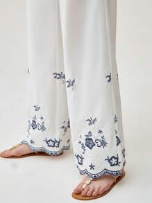 Florisole Women's White Woven Fabric Long Casual Pants With Embroidered Floral Hem Detail And Zipper Closure Fall Cloth For Women - White - View 2