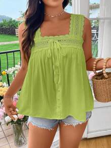 Lyrianda 大码女式单排扣前系带撞色蕾丝衬衫 - 綠色 - 查看 5