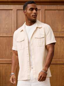 Manfinity Homme 男士夏季休闲度假单排扣休闲牛仔衬衫带口袋男士夏季衬衫男士夏季纽扣衬衫 - 杏色 - 查看 6