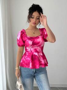 Elenzga Áo thun nữ tay bồng xếp nếp in hoa thanh lịch, eo thắt eo - Màu Hồng Tươi - Xem 5