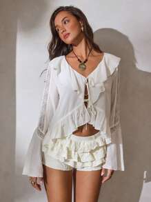 Aloruh 女式春夏新款纯色象牙白亚麻纹理天然面料 V 领荷叶边蕾丝拼接宽松女式衬衫长款喇叭袖衬衫