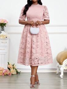 SHEIN Lady Váy midi cổ bèo ren màu hồng tay ngắn cỡ lớn thanh lịch đi làm văn phòng giản dị dự tiệc cocktail hòa nhạc/lễ hội âm nhạc mùa xuân và mùa hè - Bụi hồng - Xem 3
