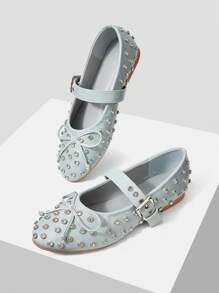 MOTF PREMIUM FASHIONABLE VINTAGE PUNK COMFORTABLE CASUAL STUDDED BOW DECOR MARY JANE ROUND TOE FLAT SHOES - Baby Blue - View 4
