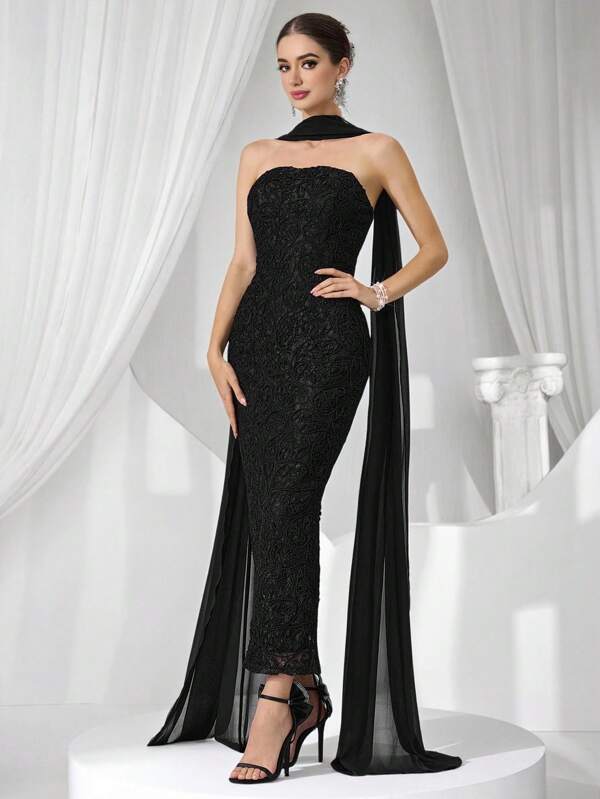 Coutiva Premium Strapless Fitted Solid Formal Dress, High-End Luxurious Party Dress Luxurious Women's Evening Dresses Black Dress Soft Dress Summer Dress Lace Dress, Gown, For Wedding Guest