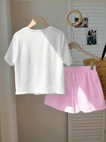 SHEIN EZwear 2pcs/Set Women Summer Casual Pink Print Short Sleeve T-Shirt & Striped Shorts