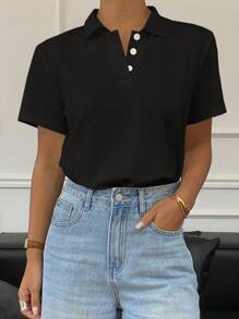 女士夏季纯色宽松短袖休闲 Polo 衫，商务休闲女装 - 黑色 - 查看 2