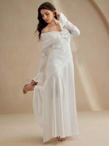 Anewsta 1pc Women's White Stretchy Bodycon Flare Sleeve Off-Shoulder Dress - White - View 1