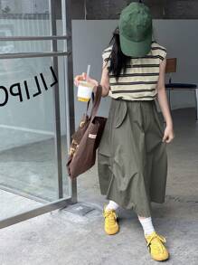Dazy Kids 新款宽松背心+短袖T恤+工装裤套装，两件套，适合青少年女孩，秋季街头风穿搭 - 軍綠色 - 查看 2