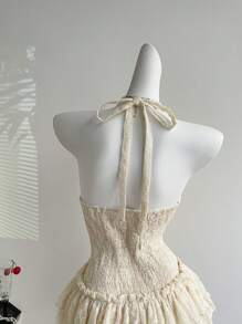 Flirla Sweet New Design Women's Embroidery Halter Back-Open Fitted Vacation/Resort Cake Dress, Slimming - Apricot - View 5