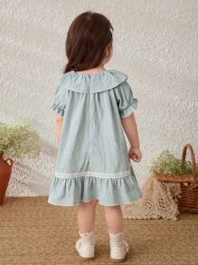 Blossori Baby Girls' Collegiate Blue Ruffle Collar Puff Sleeve Dress - Blue and White - View 2