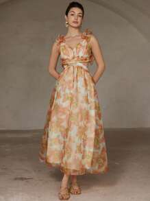 GENKIRA 意大利风格浪漫优雅性感交叉荷叶边V领露背花卉印花长裙，适合情人节约会之夜 - 黃色 - 查看 6