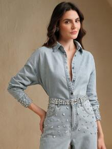 Anewsta Camisa vaquera con aplicaciones de piedras para mujeres, versátil y casual, elegante y de estilo business casual