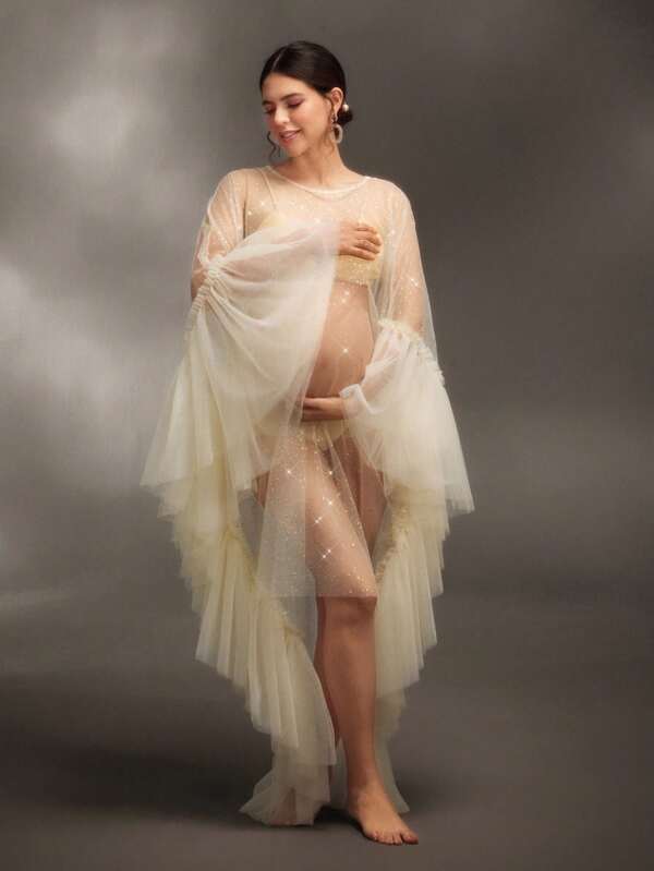 SHEIN Maternity Sparkly Sheer Mesh Ruffled Photoshoot Dress