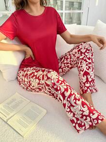 2件套女士休闲纯色圆领短袖上衣和印花裤睡衣套装