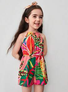 SHEIN 年轻女孩时尚碎花编织连体衣，圆领无袖连体衣 - 玫紅色 - 查看 5