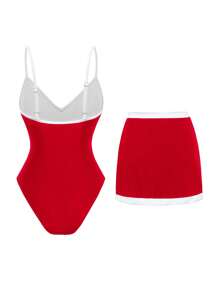 Swim Oasis 1pc Women's Adjustable Strap Red One-Piece Swimsuit, 2pcs/Set For Beach - Red - View 2