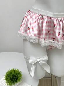 4 件浪漫农舍性感可爱缎花格子花边蕾丝荷叶边蝴蝶结吊袜带丁字裤女士性感内衣套装，粉色、白色、派对、节日 - 粉色 - 查看 4